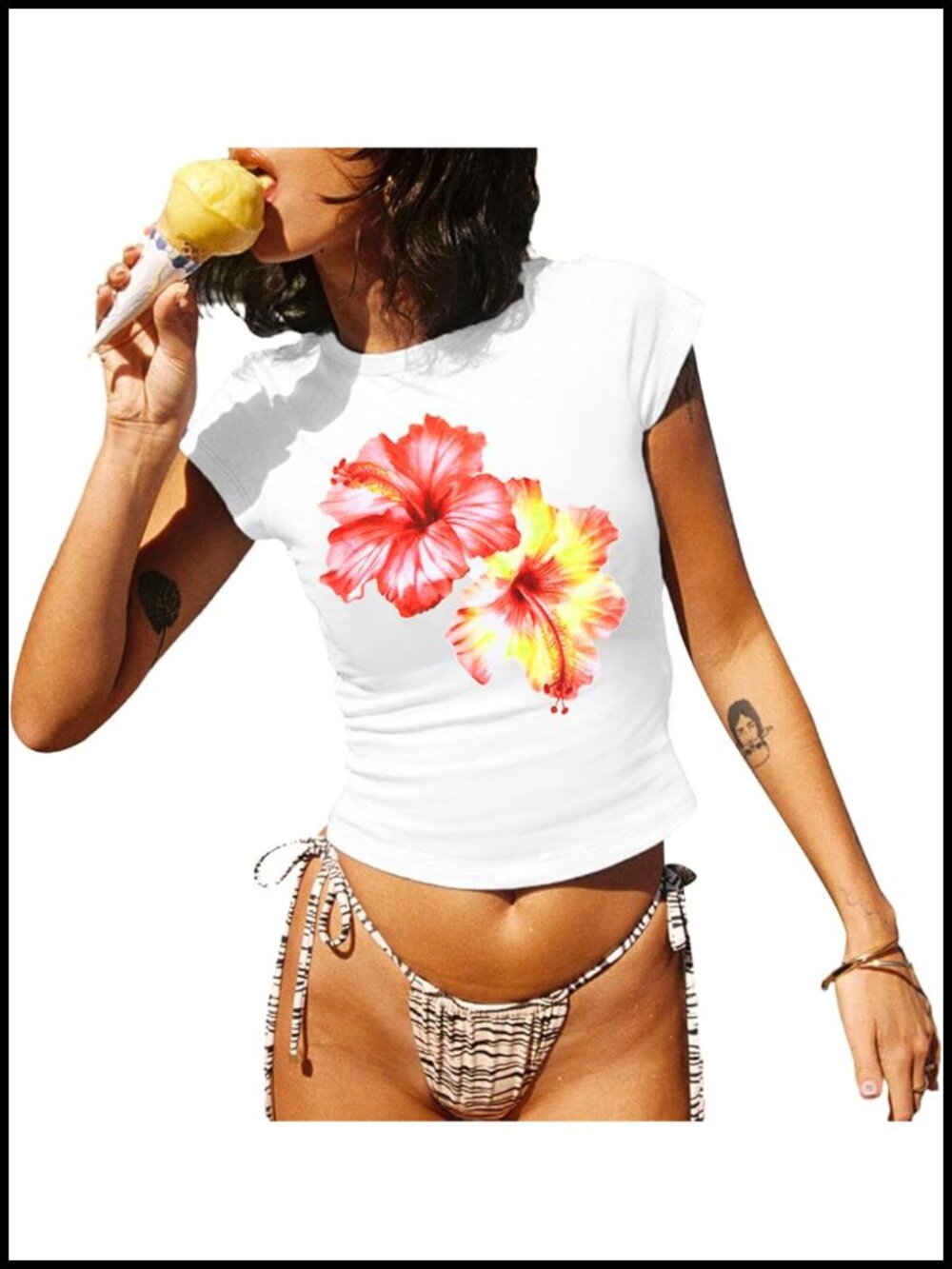 KIDDAD Women's Y2K Floral Crop Top Slim Fit Short Sleeve Crew Neck Tee